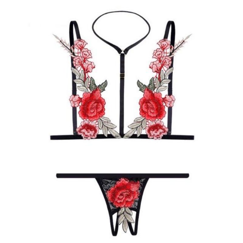 Bộ đồ lót sexy hoa hồng - set nội y thêu hoa gợi cảm hở đáy lingerie