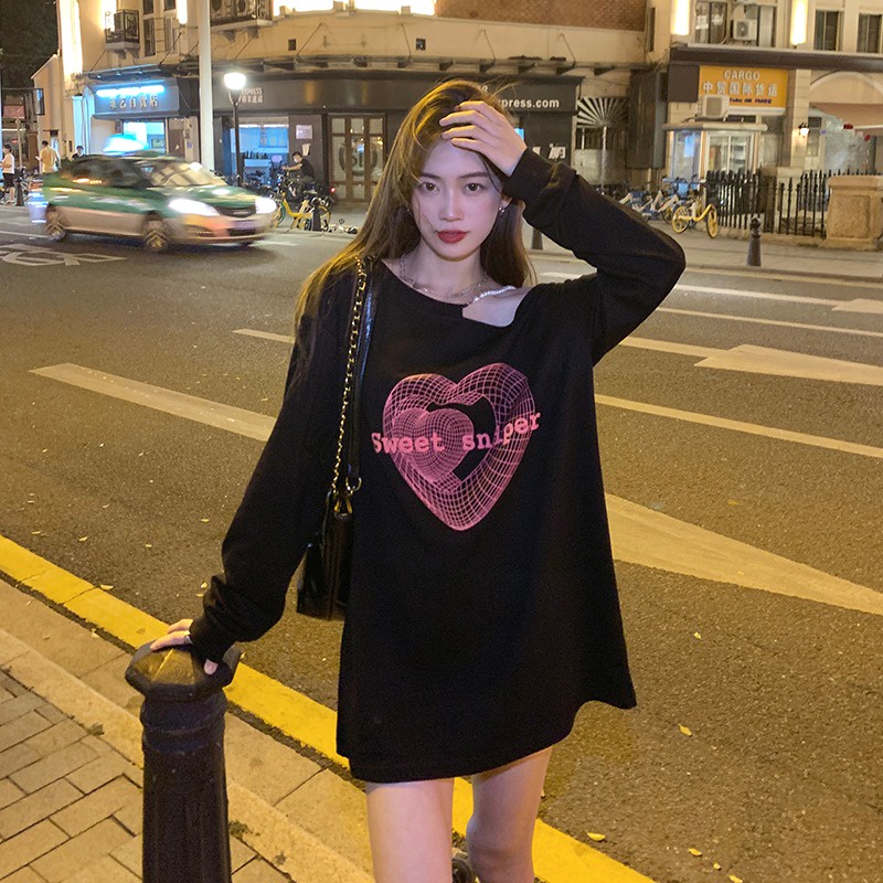 Love letter in lệch vai áo phông nữ đầu mùa thu phong cách mới tinh khiết màu hồng nhạt dài tay