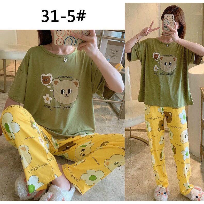 Đồ bộ nữ in hình mặt gấu cute tay ngắn+ quần dài chất liệu THUN LẠNH 3D dưới 55kg kiểu dáng xinh xắn đáng yêu-Mã056