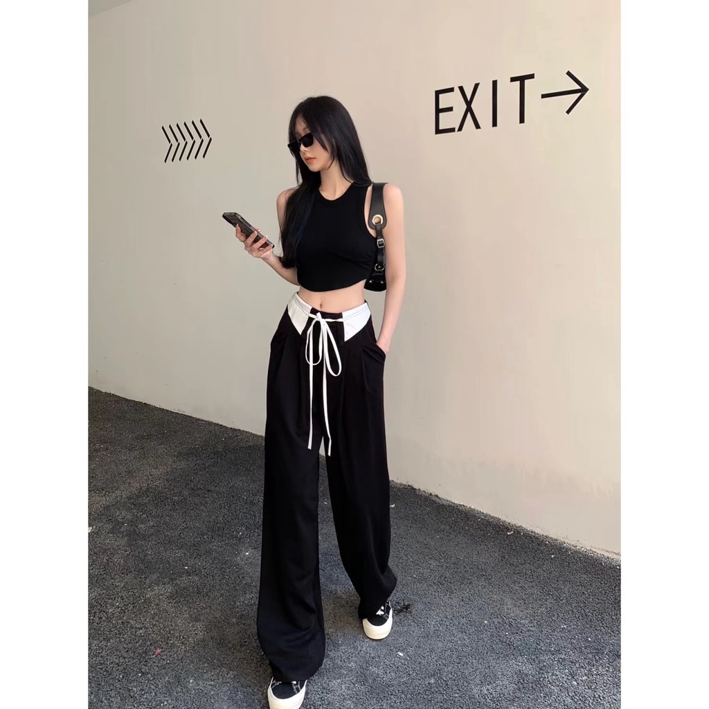 Quần Dài Lưng Cao Ống Rộng Màu Đen Thời Trang Cho Nữ