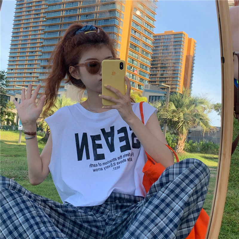 Áo thun sát nách dáng rộng in họa tiết kiểu Hàn Quốc thời trang mùa hè cho nữ