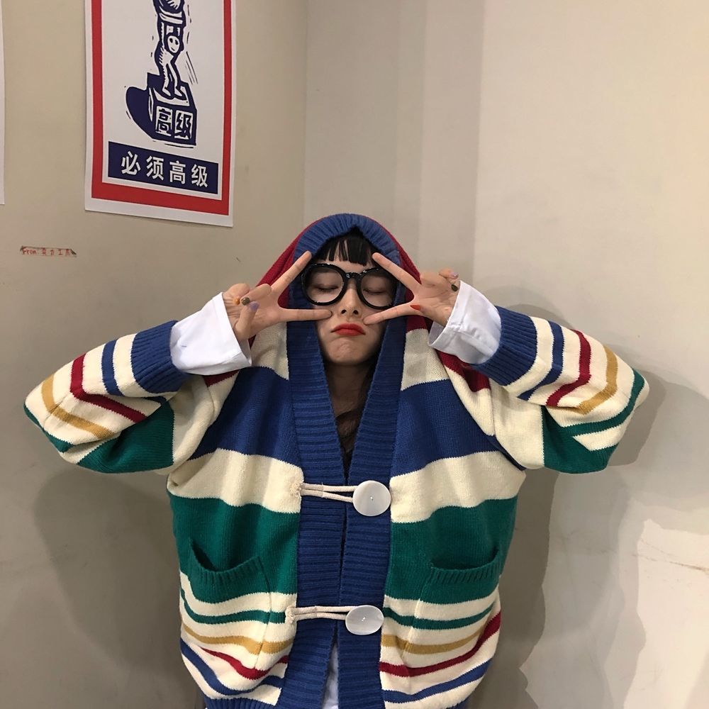 Áo khoác len cardigan dáng rộng họa tiết kẻ sọc ngang trẻ trung thời trang