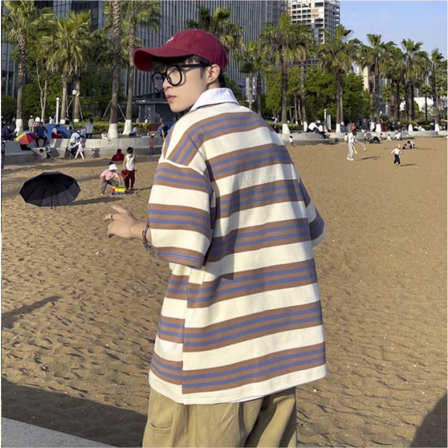 áo polo Sọc bông áo phông form rộng unisex áo thun nam có cổ streetwear phong cách Hàn Quốc áo thun thể thao dây kéo thời trang áo polo nam đẹp
