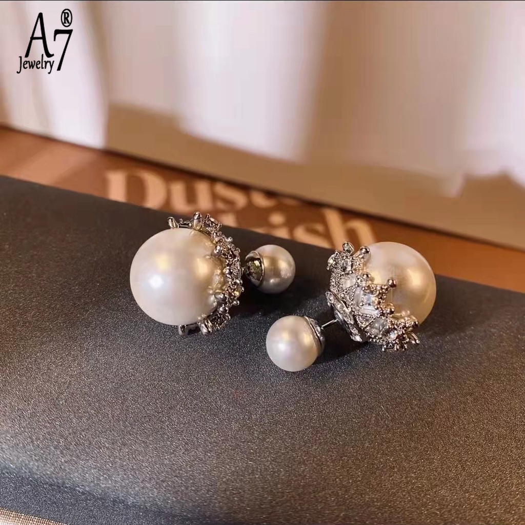 A7| Bông Tai Mạ Bạc 925 Đính Ngọc Trai Hai Mặt Sang Trọng Cho Nữ X4Y35