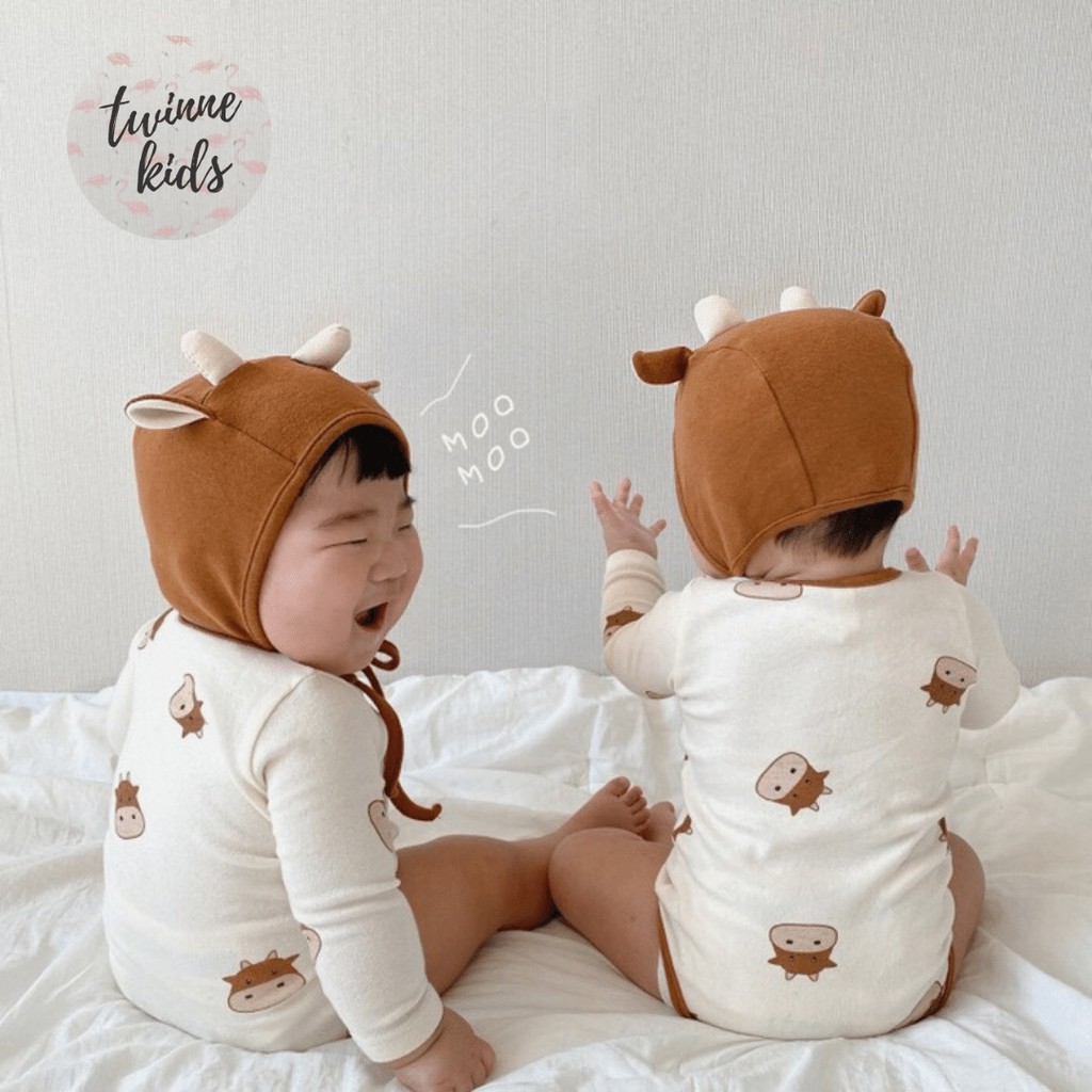 [Moo Baby] Set đồ thu đông, bodysuit dài tay chất liệu cotton co giãn (kèm mũ) bé trai 3-24 tháng