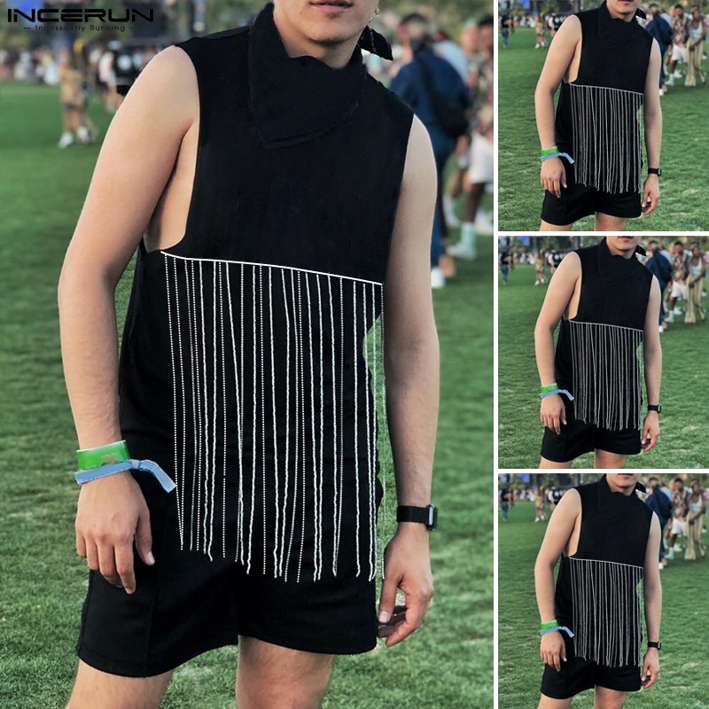 INCERUN Áo Tank Top Không Tay Màu Trơn Phối Tua Rua Thời Trang Dự Tiệc Cho Nam