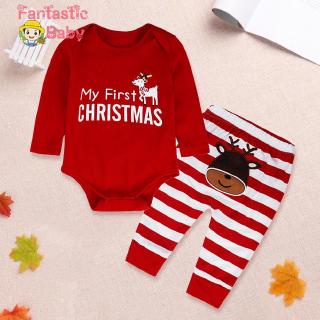 ♆♆Baby Boy Girl Long-Sleeve Rompers 2pcs Christmas Embroidery Cartoon Clothes Sets☜