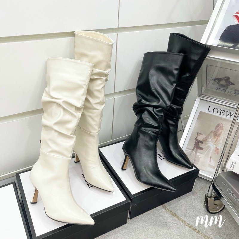 Boot nhăn cổ cao gót nhọn mũi bốt gối lửng 7cm cao cấp