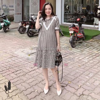 Váy bầu kẻ caro pha ren tay lỡ thu đông -Chuẩn ảnh