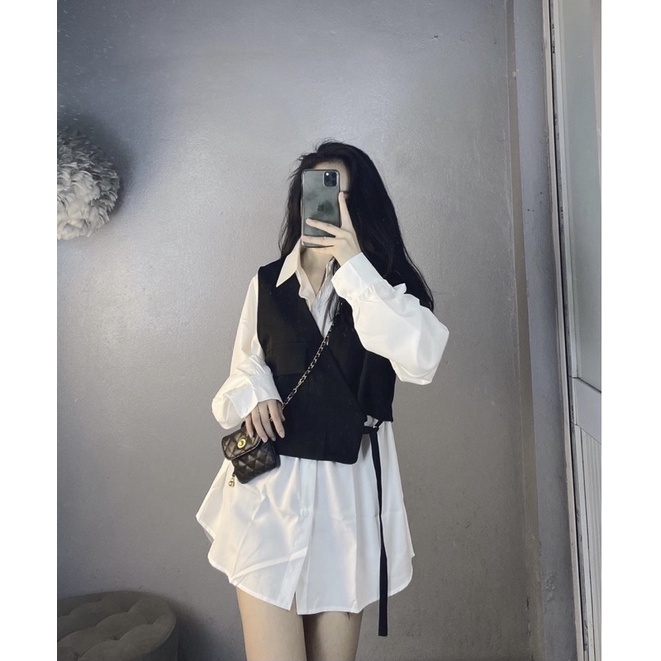 [ SẴN] SET ÁO SƠMI MIX GILE túi nắp nơ eo siêu xinh