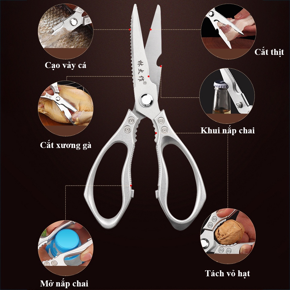 Kéo Bếp Đa Năng SK5 Thép Không Gỉ Siêu Bền, Kéo Lớn Cắt Thức Ăn (Cắt Thực Phẩm, Cạo Vảy Cá, Khui Nắp, Tách Vỏ Hạt,...)
