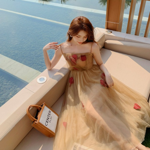 Đầm voan 2 dây hoa, váy voan 2 dây họa tiết hoa vải voan lụa hàng quảng châu cao cấp - Mia Shore