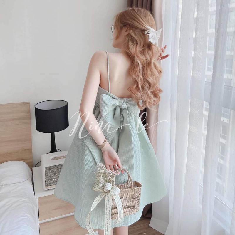 Đầm babydoll xốp 2 dây nơ lưng
