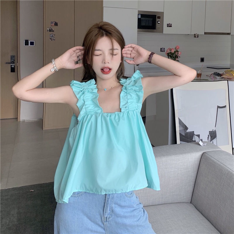 Áo Crop Top Cổ Vuông Không Tay Plus Size Rộng Phong Cách Hàn Quốc Thời Trang Mùa Hè Dành Cho Nữ S-2XL