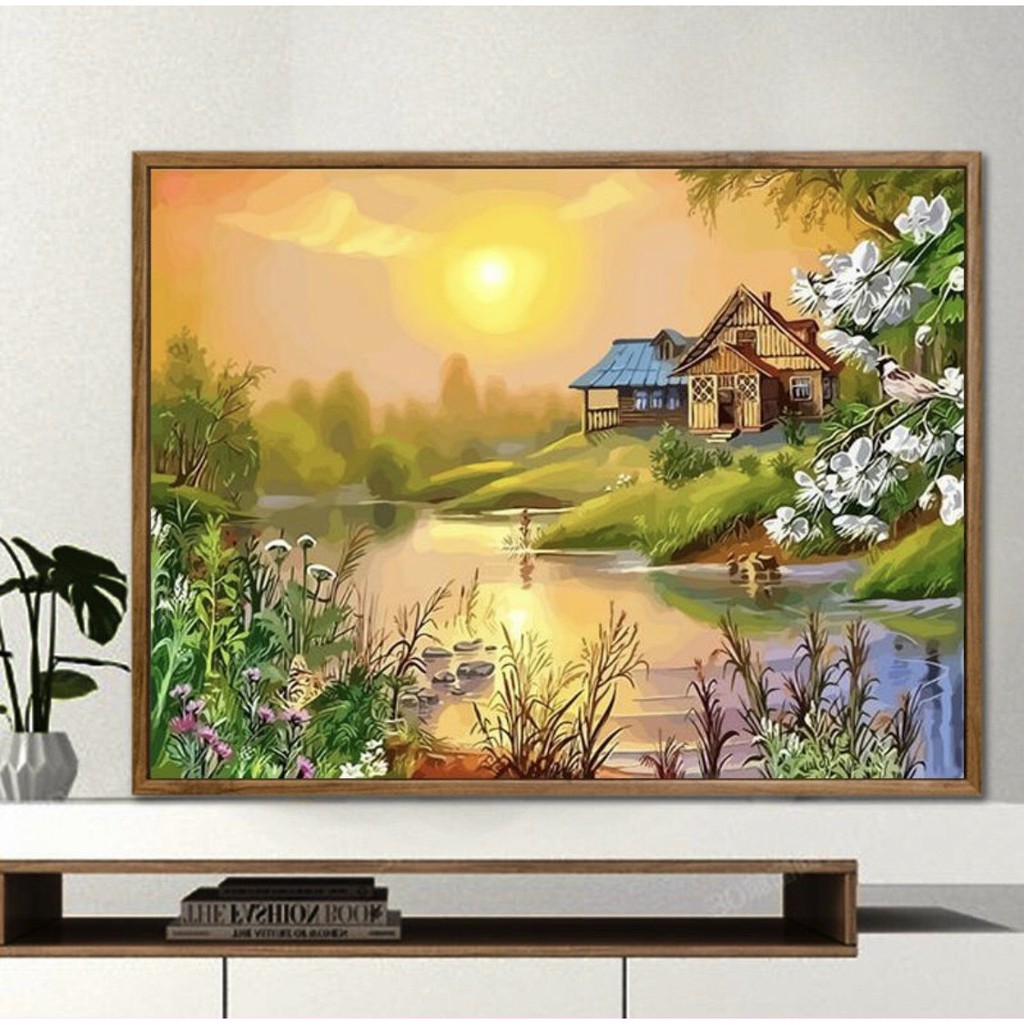 KHUNG DÀY 2.5 CM-Tranh sơn dầu số hóa rẻ,đẹp-tranh tô màu theo số- tranh phong cảnh đẹp, Tặng khăn,có khung 40x50-Moon s