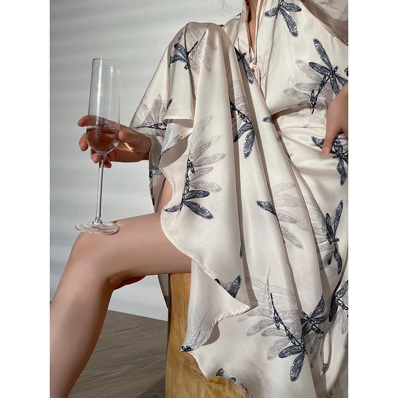 Đầm Lụa satin Cao Cấp Tay Phồng Dài In Họa Tiết Phong Cách Pháp Thời Trang Mùa Thu Cho Nữ