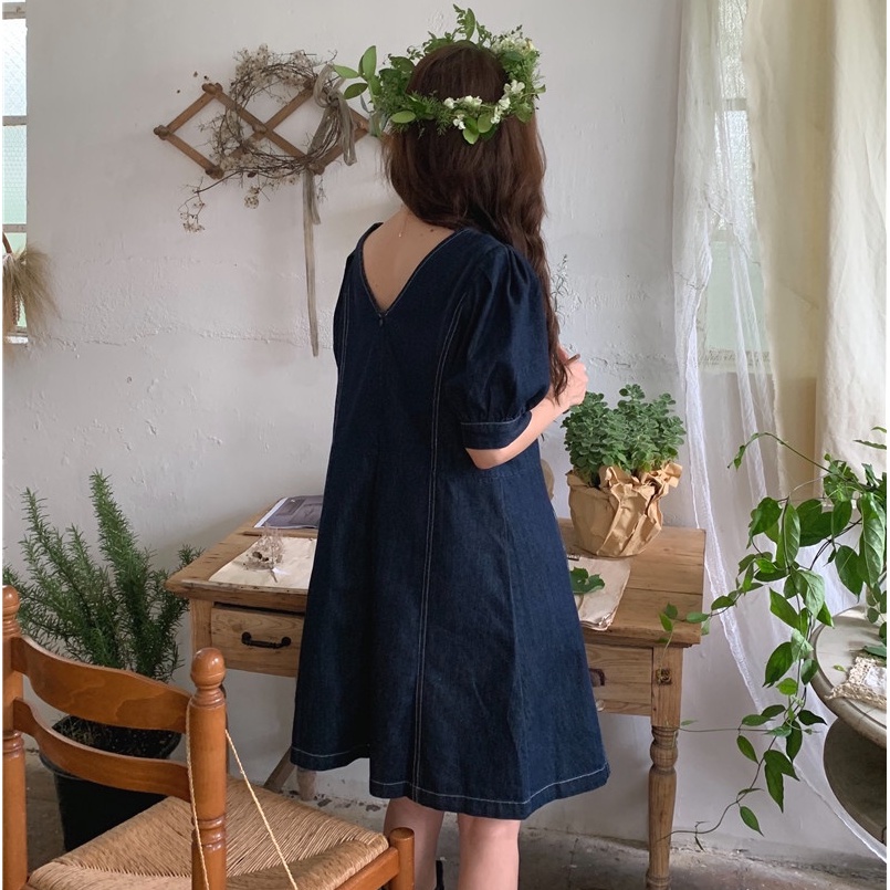 Đầm Denim Chữ A Cổ Vuông Ngắn Tay Dáng Rộng Thời Trang Hàn Quốc 53100