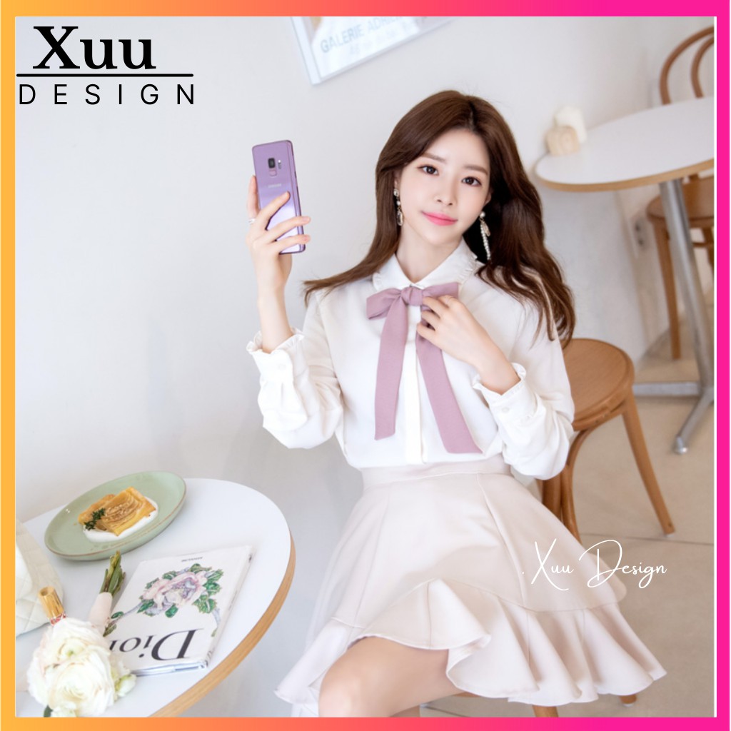 Áo Sơ Mi Nữ Xuu Design, Áo kiểu nữ phối nơ công sở chất liệu Lụa hàn cao cấp Xu03