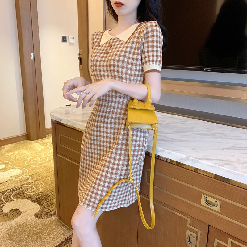 IELGY Đầm Dệt Kim Tay Ngắn Eo Cao Phong Cách Hàn Quốc Cổ Điển Dành Cho Nữ