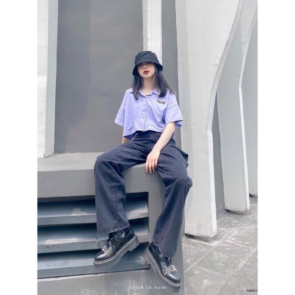 [Hàng VNXK]Áo Croptop Cổ Bẻ Chữ Ngực Nữ- Phông Thun Polo Chữ Ngực Cộc Tay Ullzang Đen|Trắng|Tím Siêu Hot | BigBuy360 - bigbuy360.vn