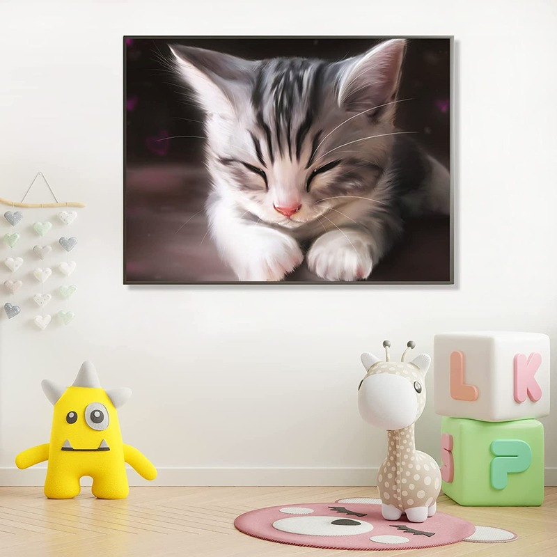 Bộ tranh đính đá 40×30cm tự làm hình chú mèo xinh xắn dùng cho trang trí nhà cửa