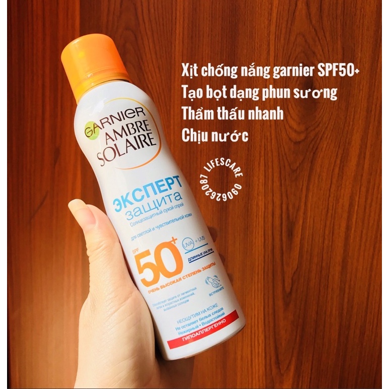 Kem Xịt chống nắng Garnier Ambre Solaire SPF 50+ tạo bọt dạng phun sương, chịu nước bảo vệ da, 200ml