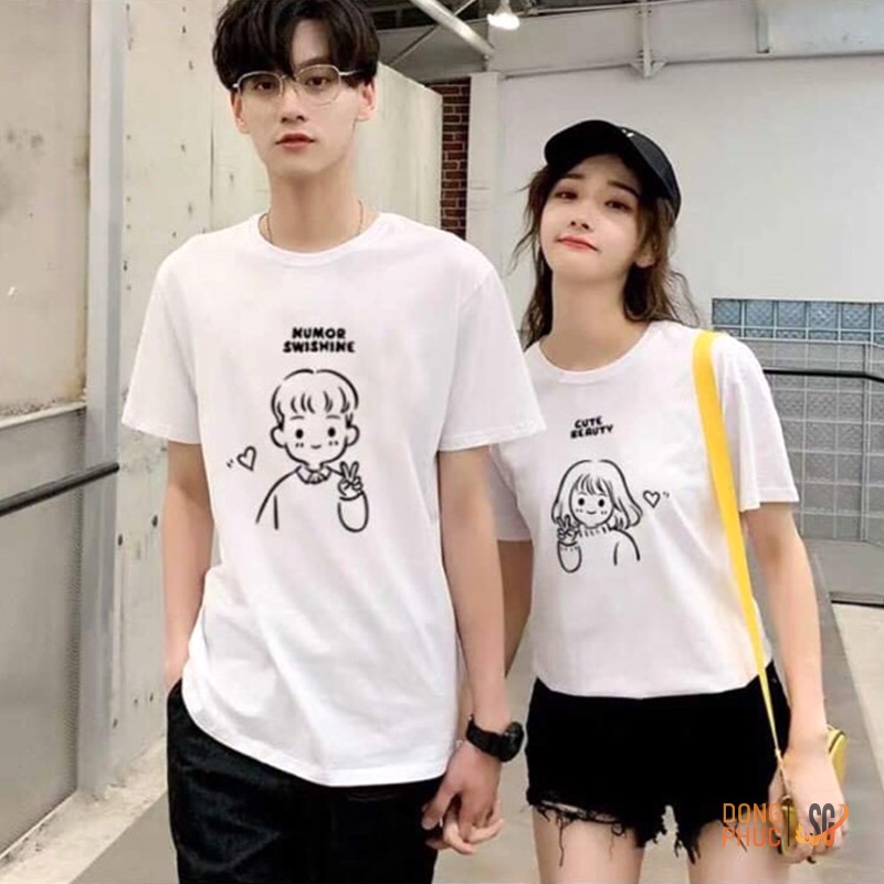 Áo cặp nam nữ dễ thương tay ngắn form unisex thun cotton mềm mịn cổ tròn màu trắng AC204T | SG