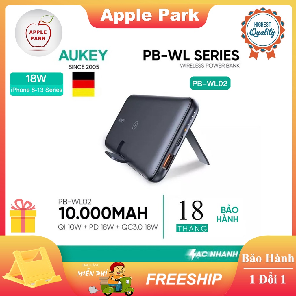 Sạc dự phòng không dây Aukey PB-WL02 10000mAh PB-WL03 20000mAh, Sạc Nhanh iPhone PD 18W,QC 3.0,Sạc Không Dây 5W 7.5W 10W