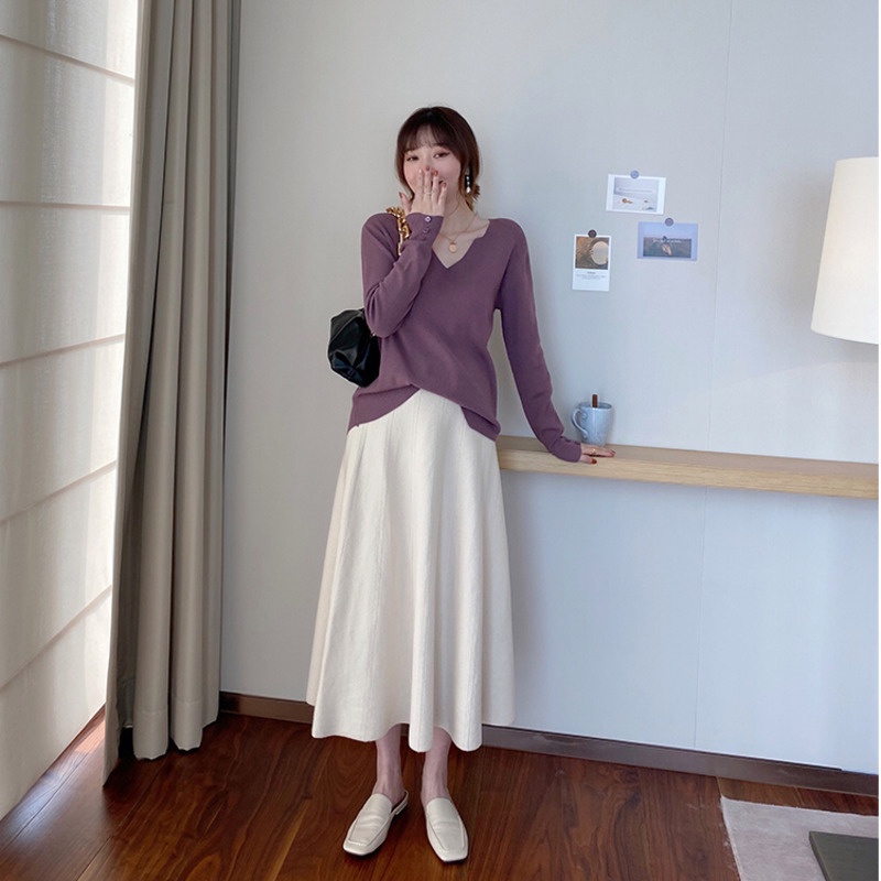 Áo kiểu dệt kim Pure Cube tay dài cổ chữ V dáng rộng thời trang mùa thu mới dành cho nữ