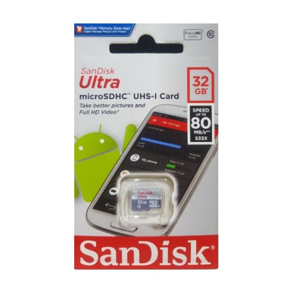 Thẻ nhớ 32Gb SanDisk Ultra microSDHC, C10, UHS-1, 80MB/s R, 3x5