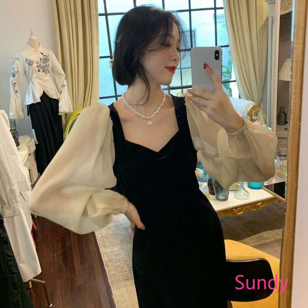 Đầm Nhung Đen Dài Tay Phối Lưới Phong Cách Vintage Pháp Cho Nữ