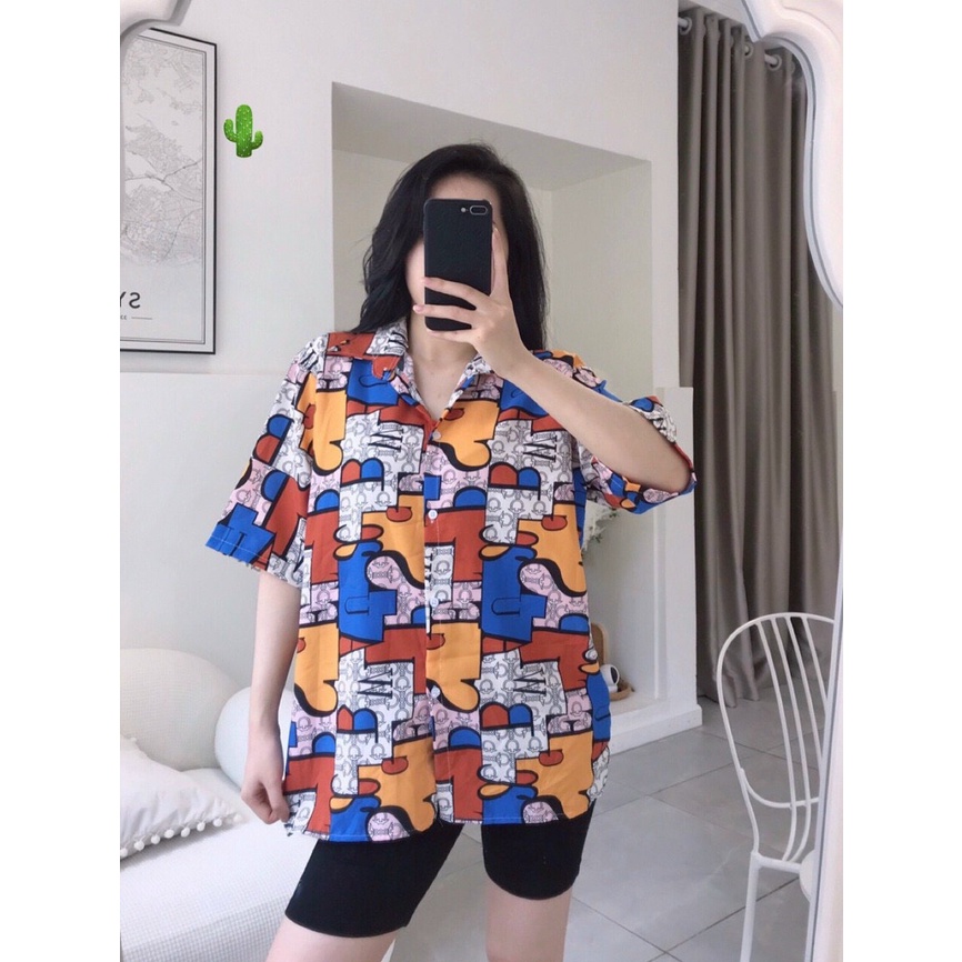 Áo sơ mi tay lỡ form rộng phối màu lắp ghép cực hot , chất kate mềm mịn