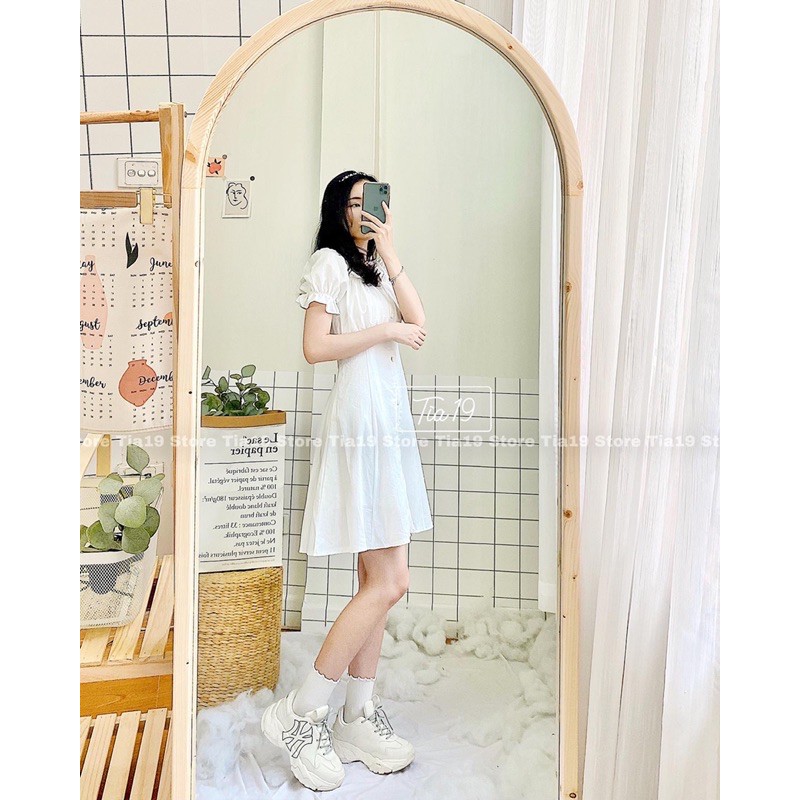 Váy trắng cúc bọc cộc tay . Đầm cổ vuông dáng xoè ulzzang Tia19 ( Ảnh thật)