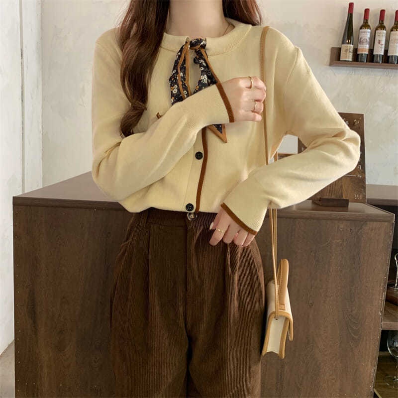 Áo Khoác Cardigan Dệt Kim Phối Khăn Quàng Cổ Lụa Dệt Kim Thời Trang Thu Đông Hàn Quốc Thiết Kế Mới Năm 2021