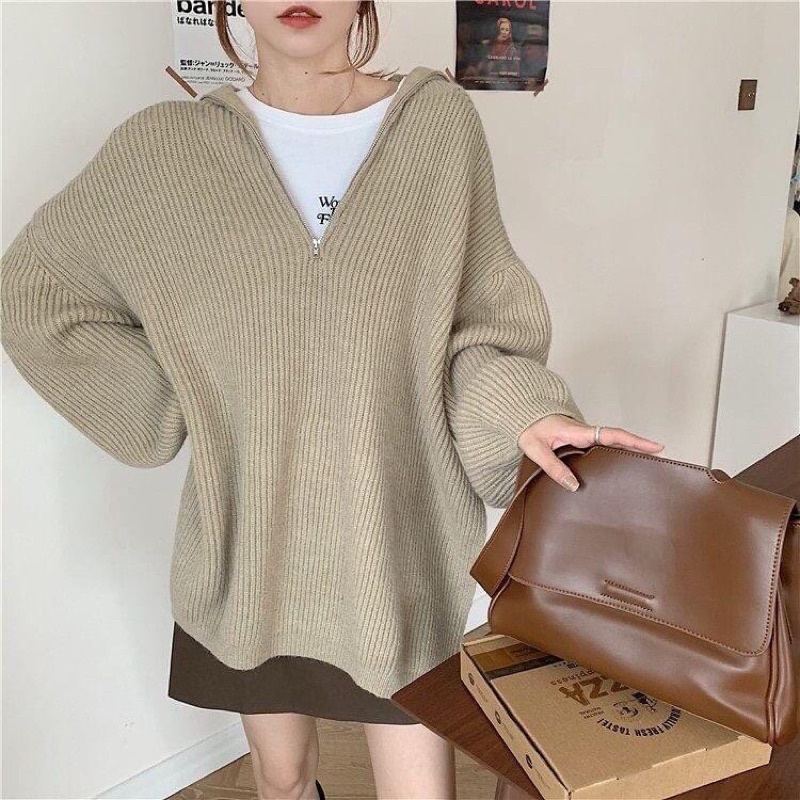 Aome - Áo len khoá zip dáng oversized Khaki Zip Sweater