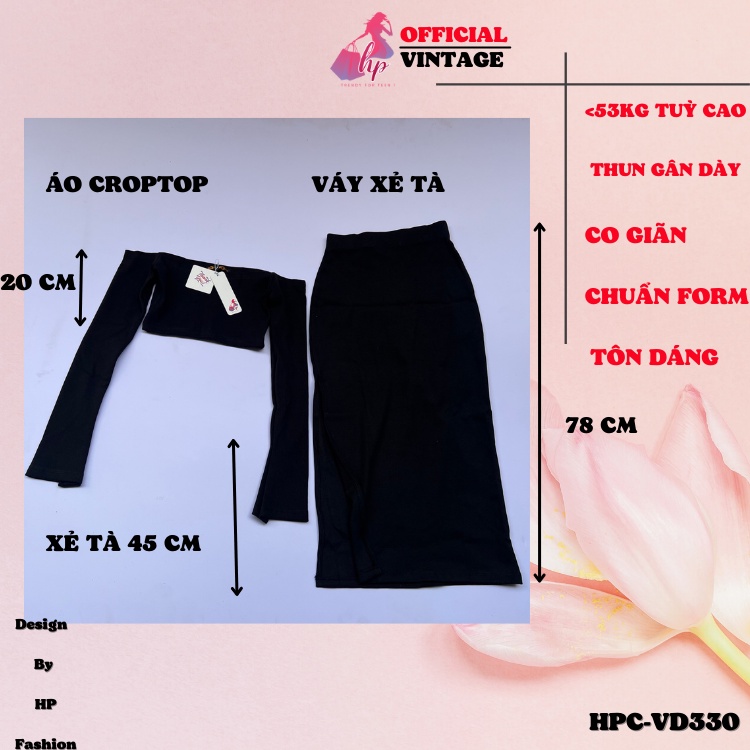 Set áo trễ vai croptop tay dài kèm chân váy xẻ tà đùi màu đen thun xịn kiểu hàn quốc tôn dáng VD330