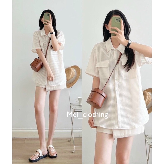 [Ảnh thật/video] Áo sơmi xốp 2 túi ngực kẻ chìm trendy/ sơ mi cộc tay