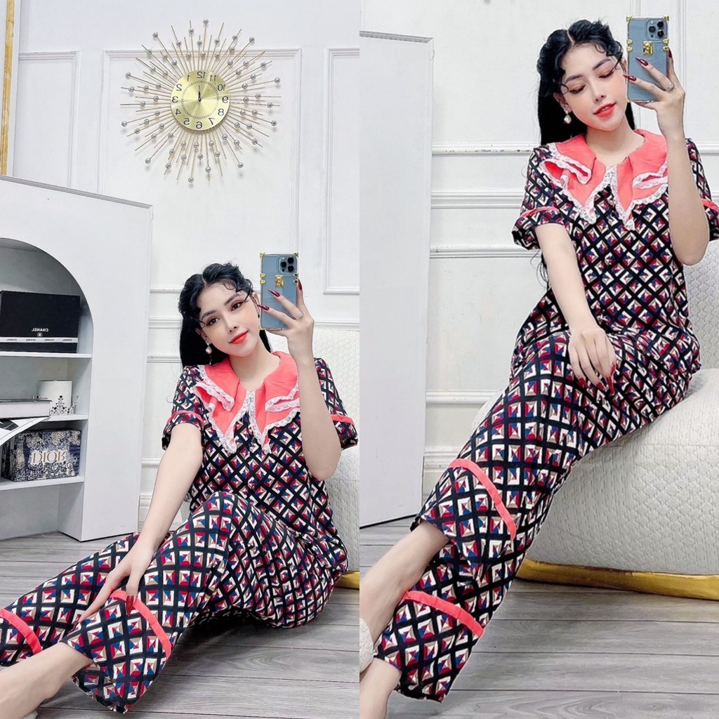 Đồ bộ pijama tay ngắn quần dài có túi vải mango họa tiết nhiều mẫu siêu xinh freesize dưới 58kg