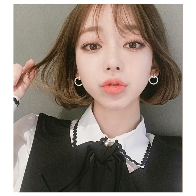 Bông tai bạc 925 hình tròn đính kim cương đơn giản phong cách Hàn Quốc cho nữ
