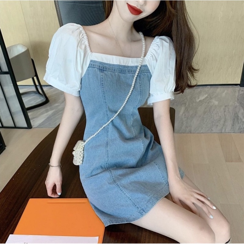 Đầm kiểu ngắn nữ suông cổ vuông phối jean denim - Order taobao quảng châu