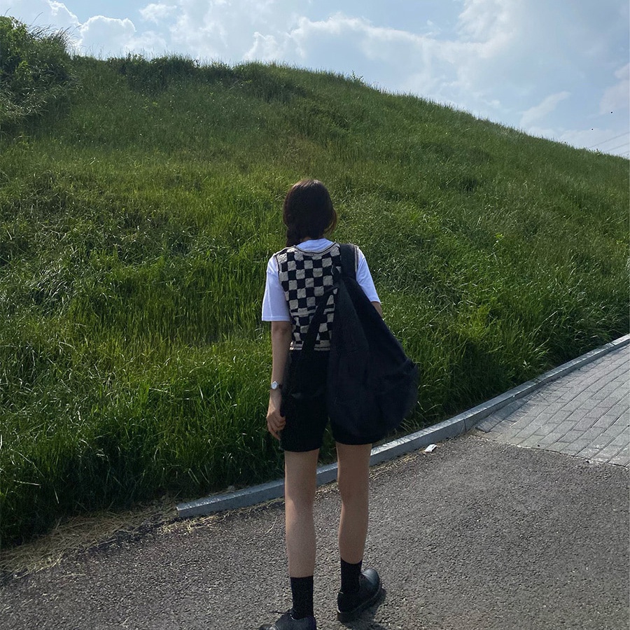 Xiaozhainv Áo Croptop Dệt Kim Không Tay Họa Tiết Kẻ Sọc Caro Cổ Điển Theo Phong Cách Hàn Quốc Duyên Dáng