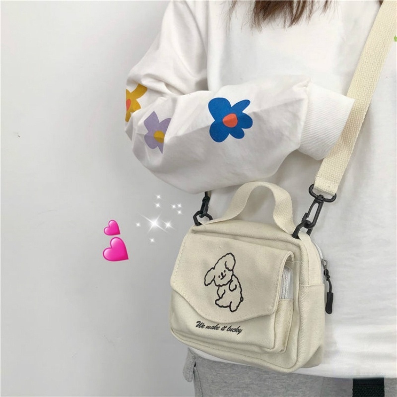 Túi canvas đeo chéo thêu hình cún phong cách Harajuku Nhật Bản đáng yêu cho nữ
