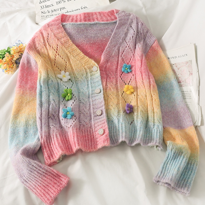 Áo khoác cardigan tay dài cổ thấp họa tiết hoa ba chiều phối hàng nút thời trang mới cho nữ