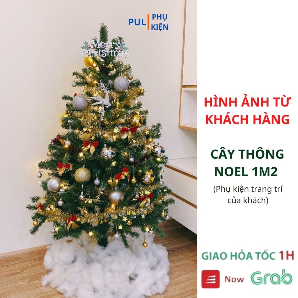 Cây thông noel 1m2 mini để bàn kèm đèn led vàng lung linh, ngôi sao đỉnh và dây kim tuyến trang trí noel xinh xắn