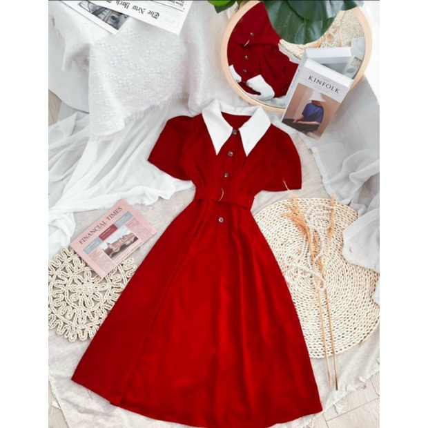ĐẦM MIDI ĐỎ CỔ PETER TRẮNG KÈM THẮT EO❤️
