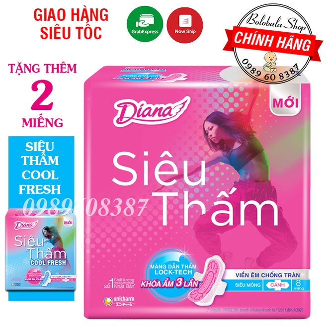 Băng vệ sinh DIANA siêu thấm siêu mỏng cánh 23cm (Gói 8 miếng) hàng tặng
