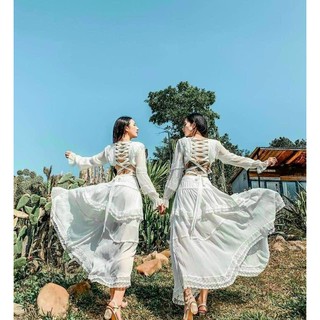 Đầm maxi trắng đan dây lưng