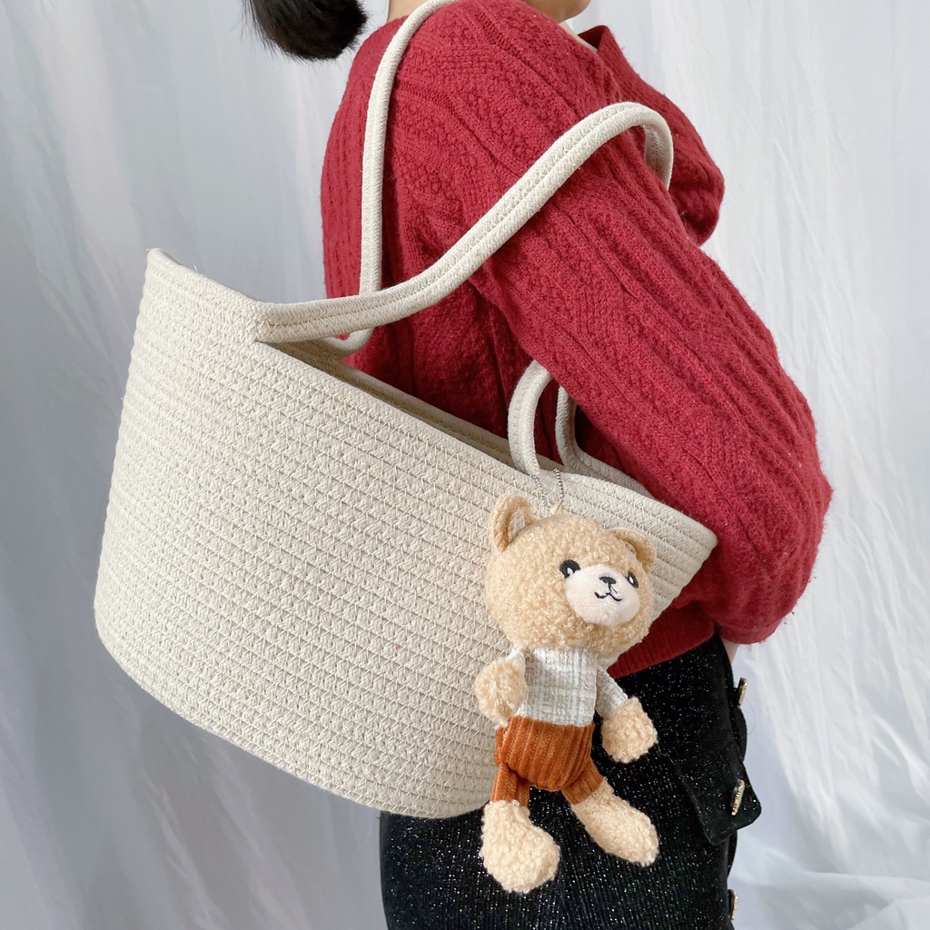 [Giảm giá nóng] Túi đeo vai cotton giản dị dễ thương mới với túi xách búp bê gấu đi nghỉ bên bờ biển