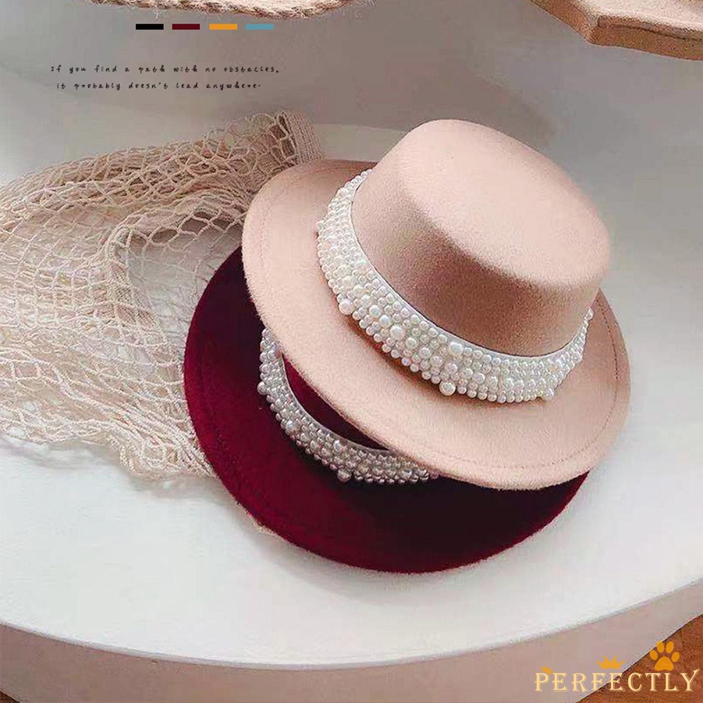 Mũ quả dưa vành rộng màu trơn đính ngọc trai giả kiểu vintage PFT cho bé