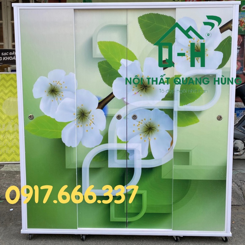 Tủ nhựa đài loan 4 cánh cửa lùa in 3D hoa - Hình ảnh thực tế